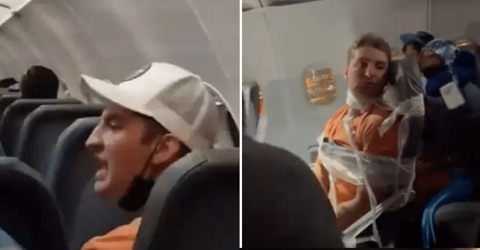 Passageiro é amarrado em assento de avião após causar polêmica; veja VÍDEO