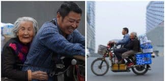 Entregador leva sua mãe de 92 anos para trabalhar com ele para poder cuidar dela