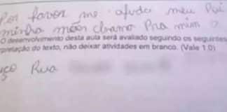 Menino pede socorro em avaliação escolar: ‘Por favor me ajuda. Meu pai bate na minha mãe’,