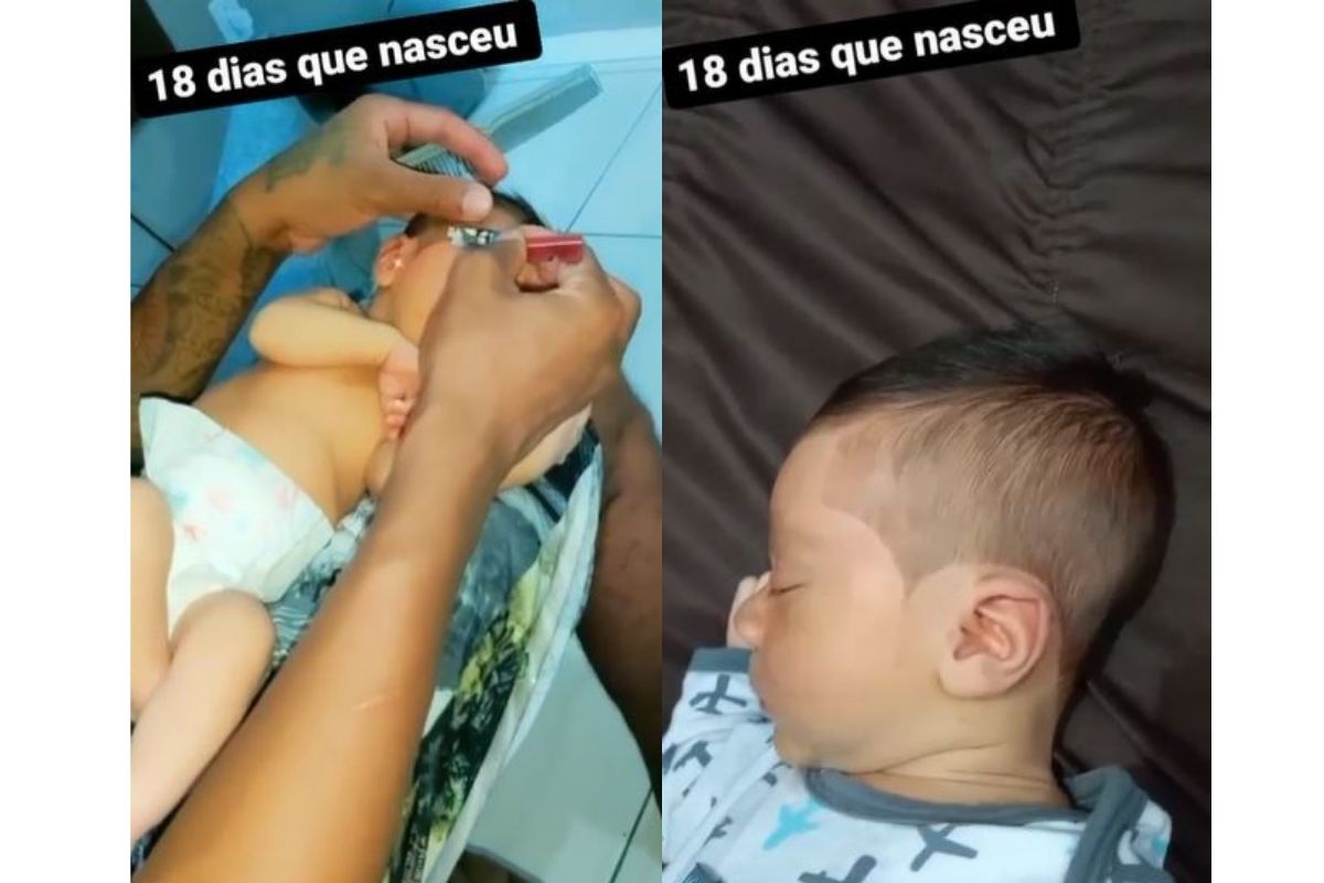 contioutra.com - Pai cria polêmica ao cortar cabelo do filho recém-nascido na navalha (VÍDEO)