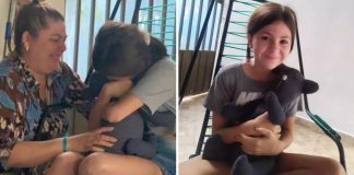Menina de 11 anos chora ao ganhar ursinho feito com a camisa de seu falecido pai