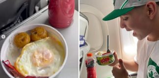 Menino viraliza ao comer arroz com ovo em recipiente de detergente em voo