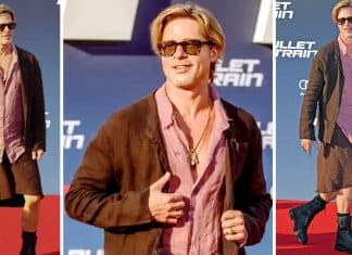 Brad Pitt surpreendeu ao chegar para estreia de seu novo filme vestindo camisa rosa e saia: roupa não tem gênero