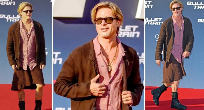 Brad Pitt surpreendeu ao chegar para estreia de seu novo filme vestindo camisa rosa e saia: roupa não tem gênero