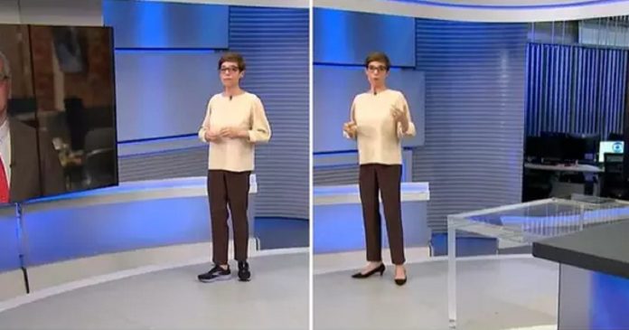 Renata Lo Prete esquece de tirar os tênis e troca de calçado durante o ‘Jornal da Globo’