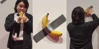 Jovem come obra de arte feita com banana colada na parede avaliada em R$ 600 mil