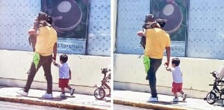 Pai viraliza ao preferir carregar seu cachorro em vez do filho