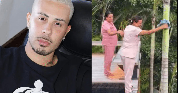 Carlinhos Maia é alvo de críticas após compartilhar vídeo de funcionárias limpando coqueiro