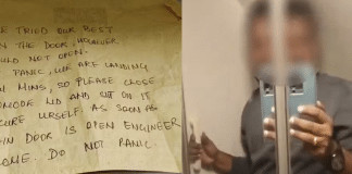 Passageiro fica preso em banheiro de avião durante voo e recebe bilhete: “Tentamos o nosso melhor”