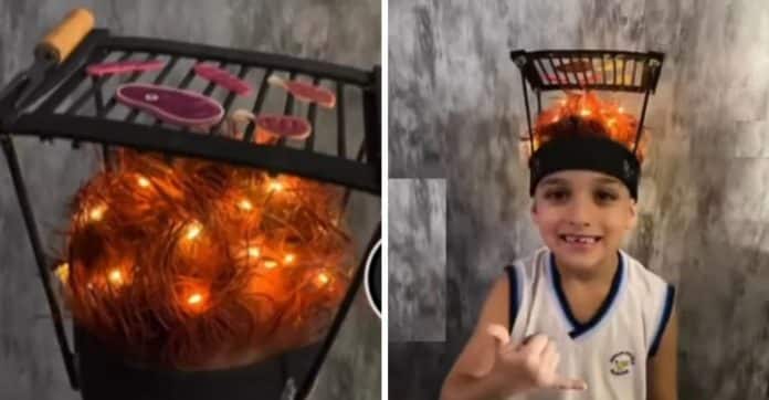 Pai transforma cabelo do filho em churrasqueira acesa e viraliza nas redes: “vai um churrasquinho aí?”