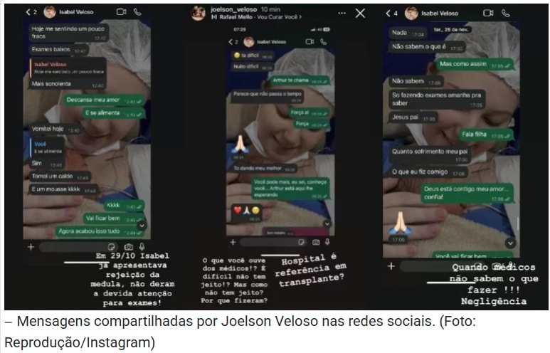 contioutra.com - Prints revelam alertas ignorados? Pai de Isabel Veloso acusa hospital ap&oacute;s troca de mensagens com a filha