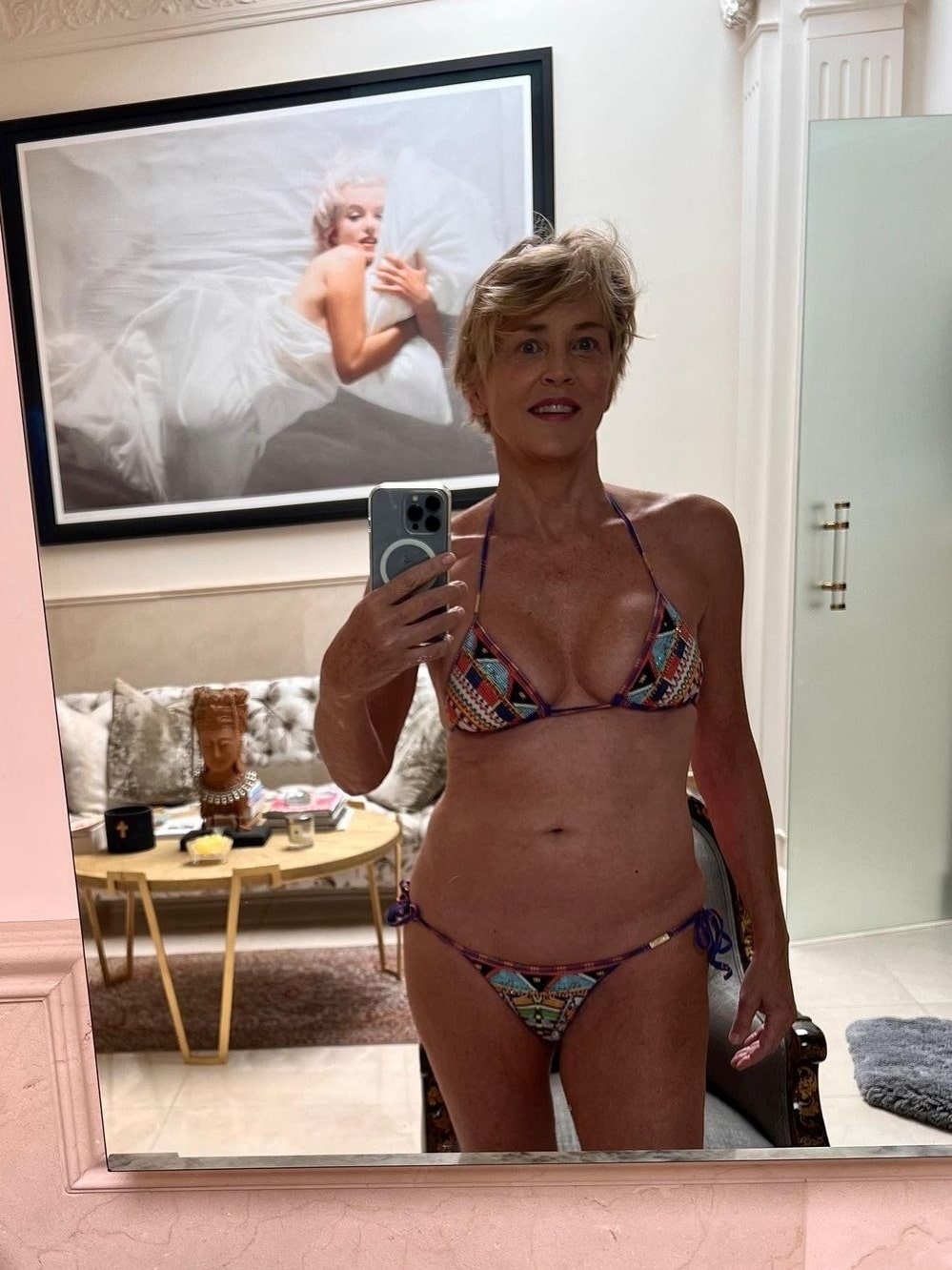 contioutra.com - Sharon Stone posa de biqu&iacute;ni aos 68 anos, mas n&atilde;o &eacute; s&oacute; a atriz que chama aten&ccedil;&atilde;o na imagem