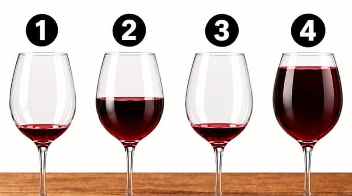 Quatro taças, quatro quantidades de vinho: só uma respeita melhor o formato do recipiente